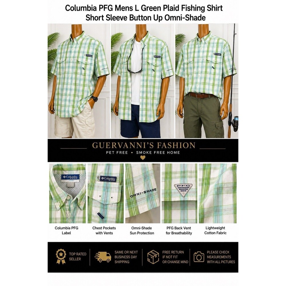 Columbia PFG Men’s Green White Button-Up Fishing Shirt L Up Omni Shade Plaid